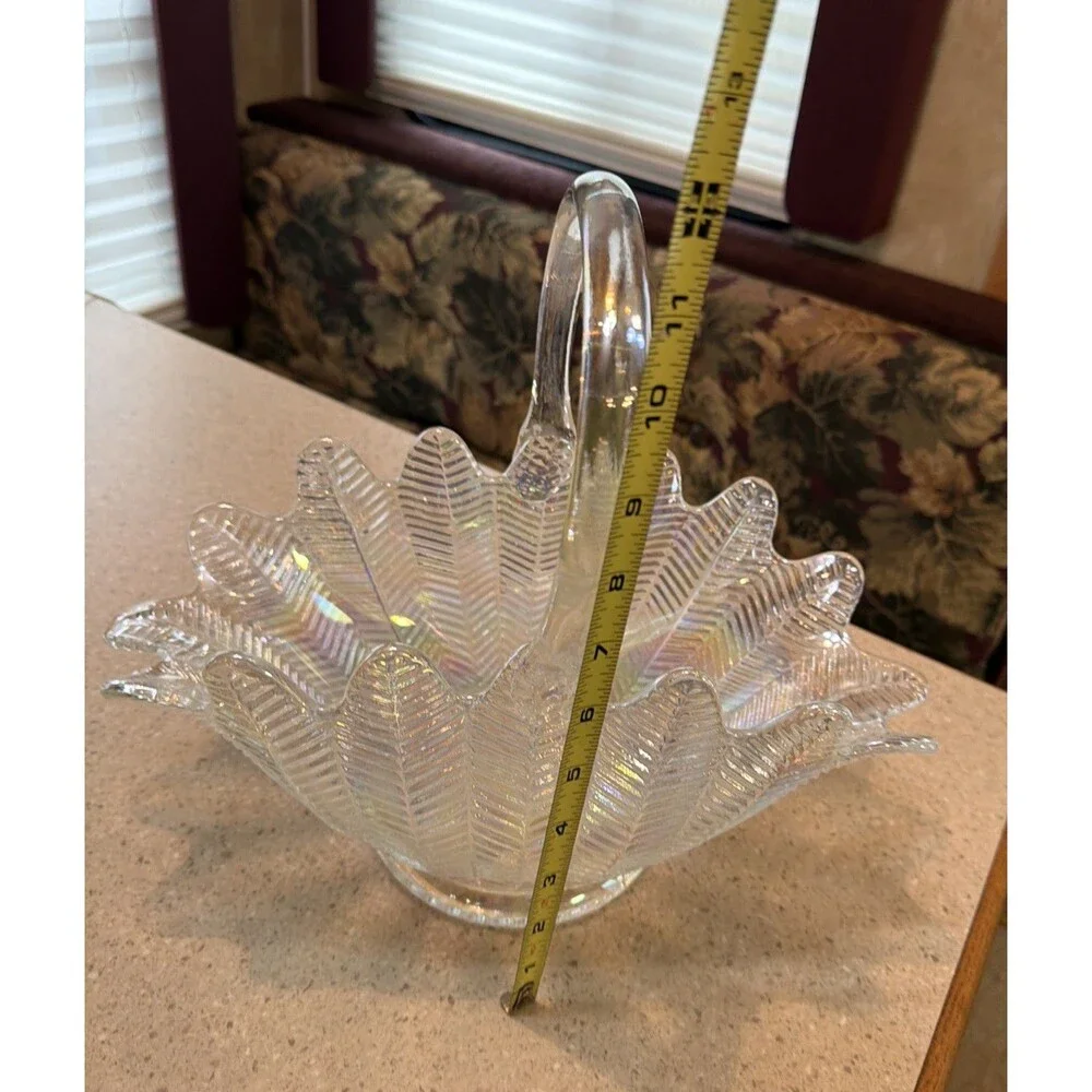 LE Smith Clear Glass Feather Pattern Basket Scalloped Edge Applied Handle. 13.5”